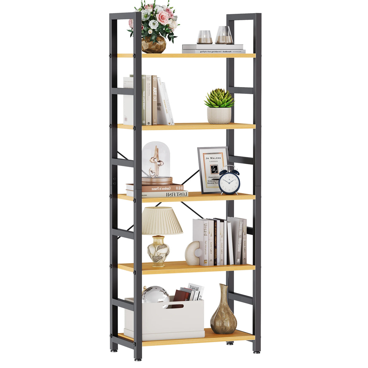MCQ Wooden Storage Standing 5 Tiers Display Bookshelf Sturdy Structure Graduated Shelves Adjustable Feet for Living Room