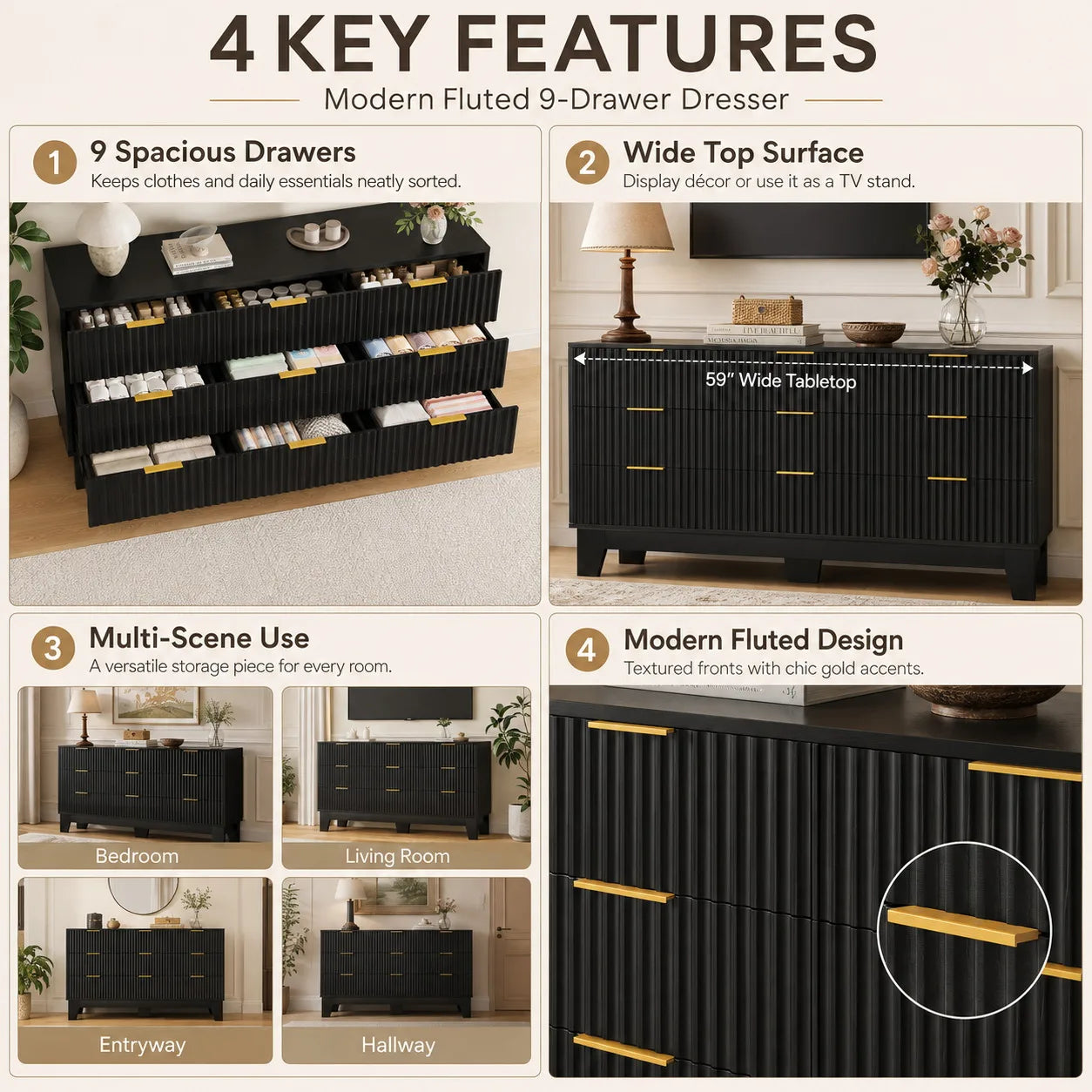 59 Inch Wide Fluted 9 Drawer Dresser Modern Wood Chest of Drawers with Metal Handles TV Stand Storage Cabinet Organizer for Bedroom Living Room Hallway Entryway