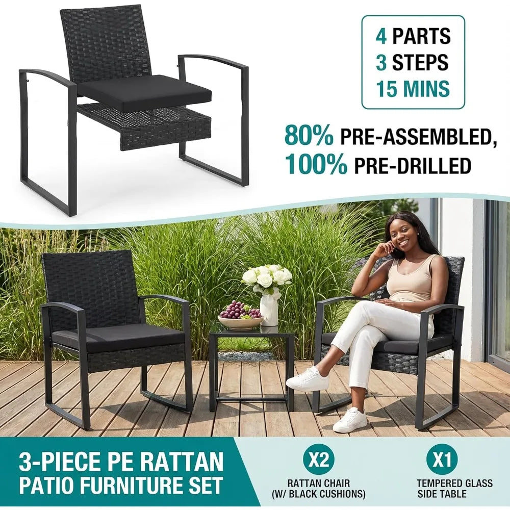 Outdoor Rattan Bistro Set 3 Pieces Patio Furniture with Coffee Table Steel Frame and Strapped Cushions for Garden Balcony