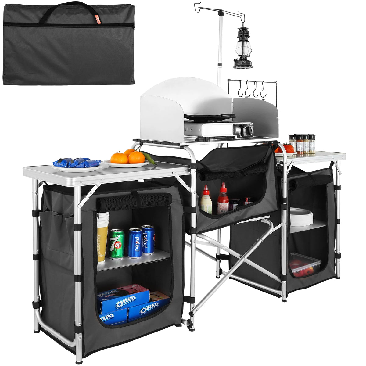 SucceBuy Camping Outdoor Kitchen Table Cabinet Foldable Folding Cooking Storage Rack Aluminum Alloy Bracket for BBQ Picnic