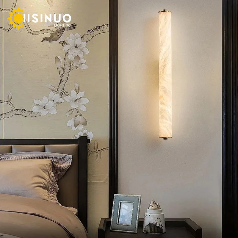 Spanish Natural Marble Wall Light for Bathroom Cylindrical Wall Lamp Stone Up and Down Sconce Indoor Parlor Bedroom Stairs Decor