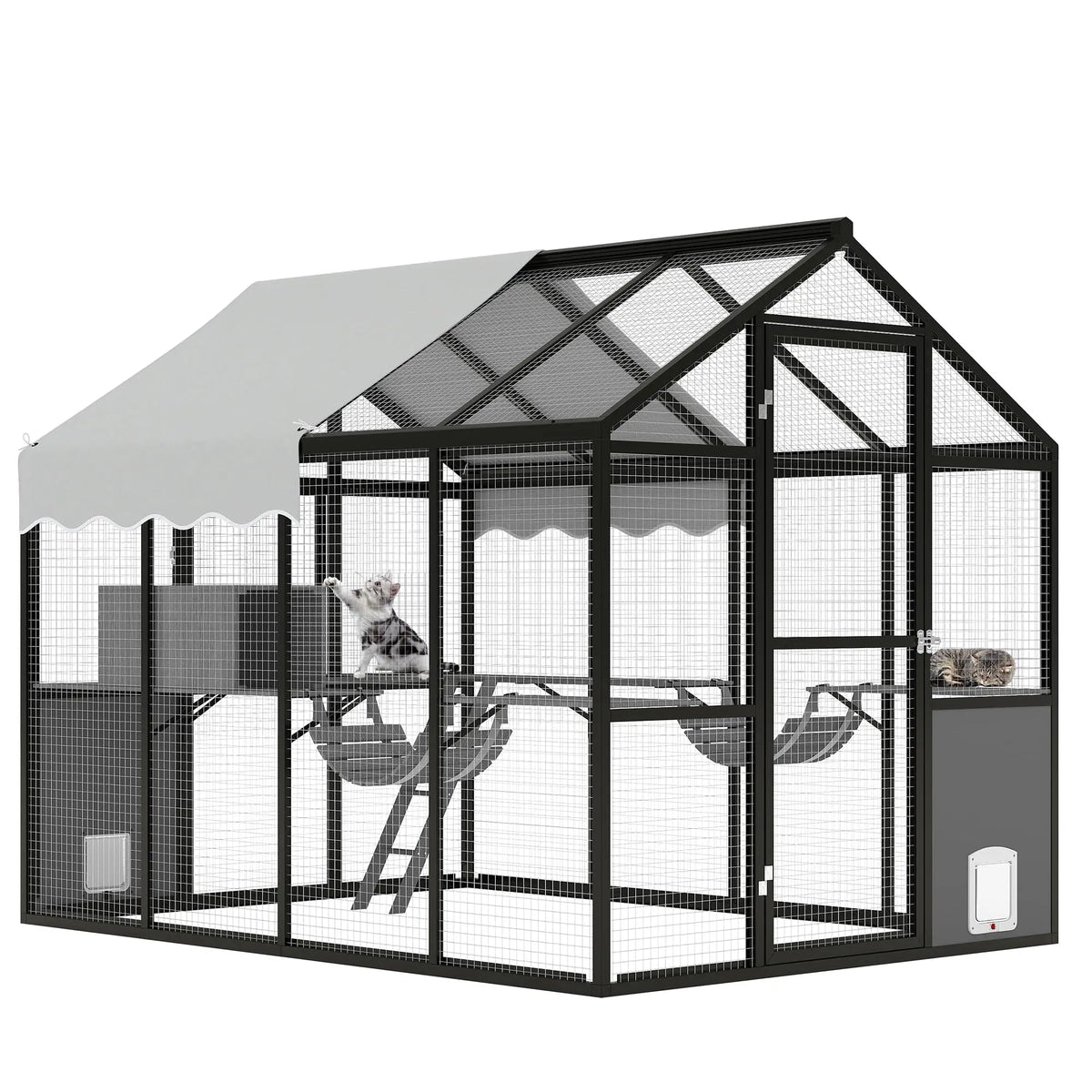 Extra Large Aluminum Outdoor Catio Enclosure For Multiple Cats Walk-in Cat Run With UV-Proof Cover Platforms & Adjustable Doors