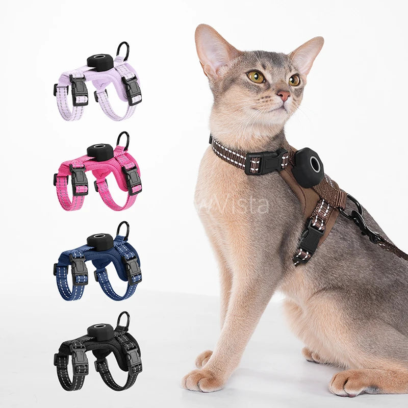 Escape-Proof Cat Harness with AirTag Holder Lightweight Reflective Adjustable Kitten Vest Harness for Outdoor Walking Active Cat