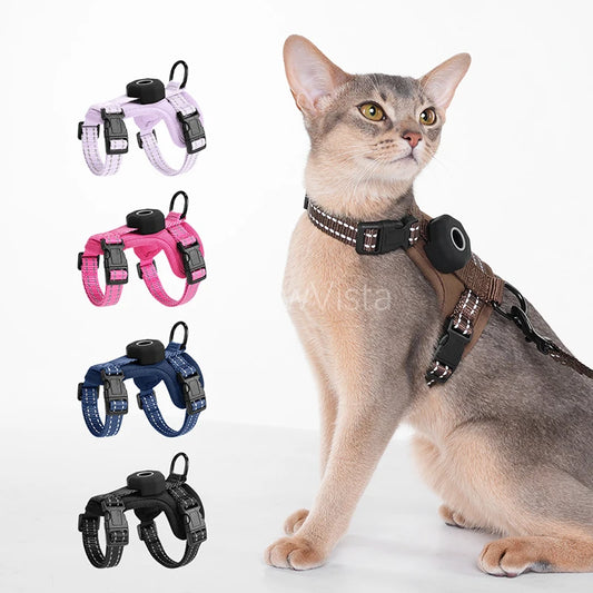 Escape-Proof Cat Harness with AirTag Holder Lightweight Reflective Adjustable Kitten Vest Harness for Outdoor Walking Active Cat