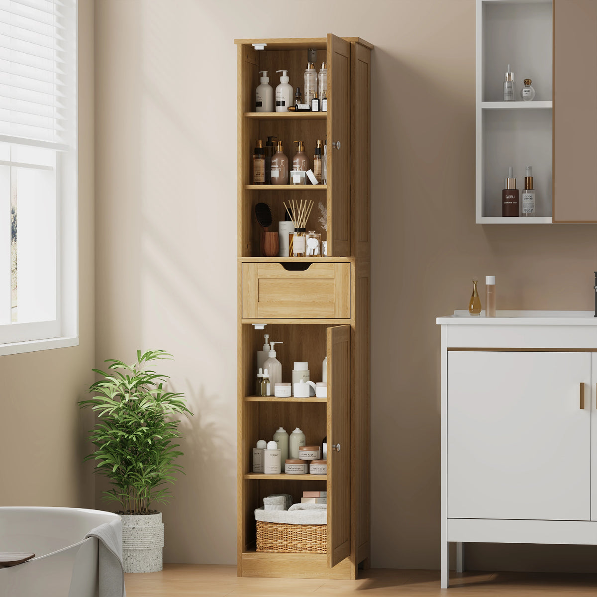 Space-Saving Slim Bathroom Storage Cabinet – Vertical Organizer Rack, Robust Particle Board, Appropriate for Basin Area, Compact Solution, Rustic Style