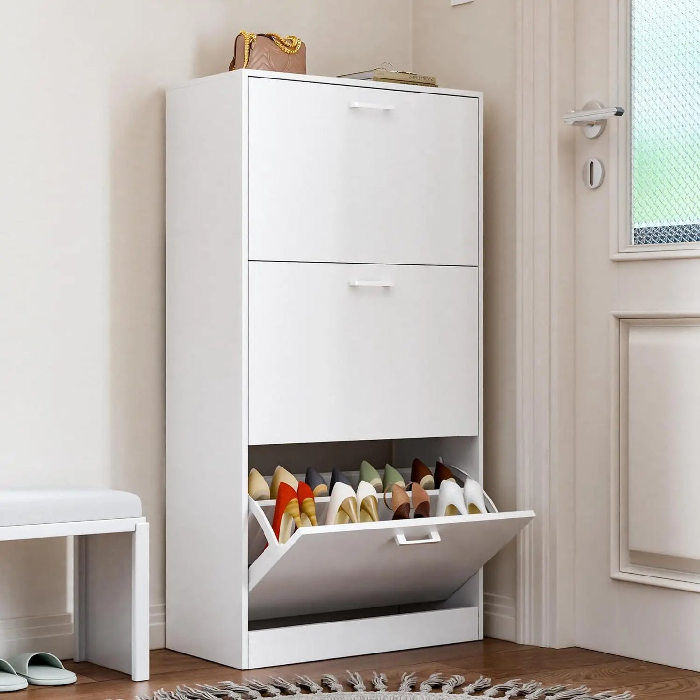 Wooden Freestanding Shoe Cabinet Flip Drawers Storage Organizer For Home