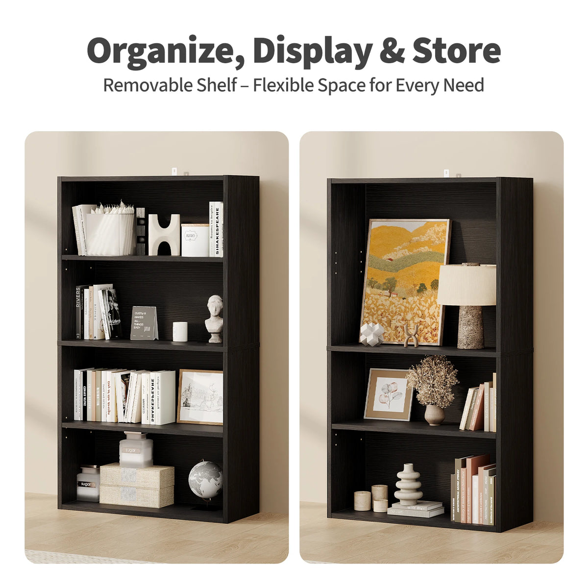 JHK 3-4 Tier Wooden Shelf Bookcase Tall Floor Standing Open Bookshelf for Living Room and Home Office Personalized Storage