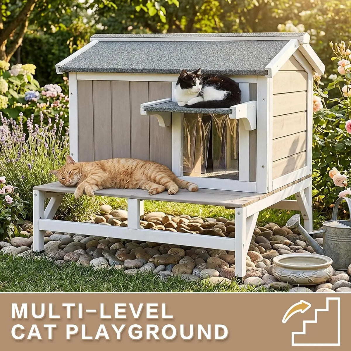 Outdoor Cat House – Weatherproof Wooden Shelter with Elevated Base, Balcony & Openable Roof