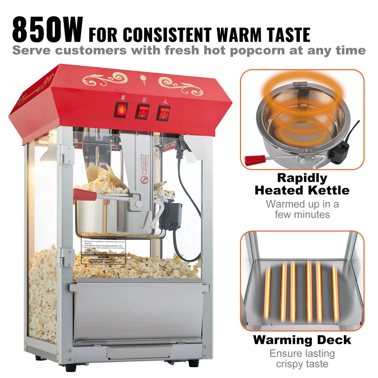 SucceBuy Popcorn Maker Popcorn Popper Machine 8 Oz 12 Oz Kettle Makes 48 or 80 Cups per Batch Countertop Popcorn Maker