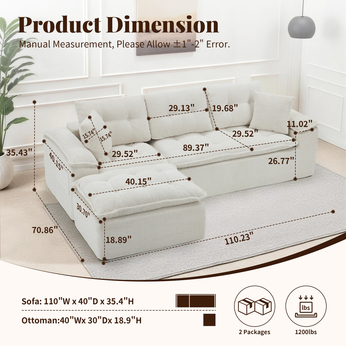 Korser 110" Modern L Shape Boneless Cloud Sectional Sofa, Chenille Deep Seat Modular Couch with Ottoman, No Assembly Needed for Living Room