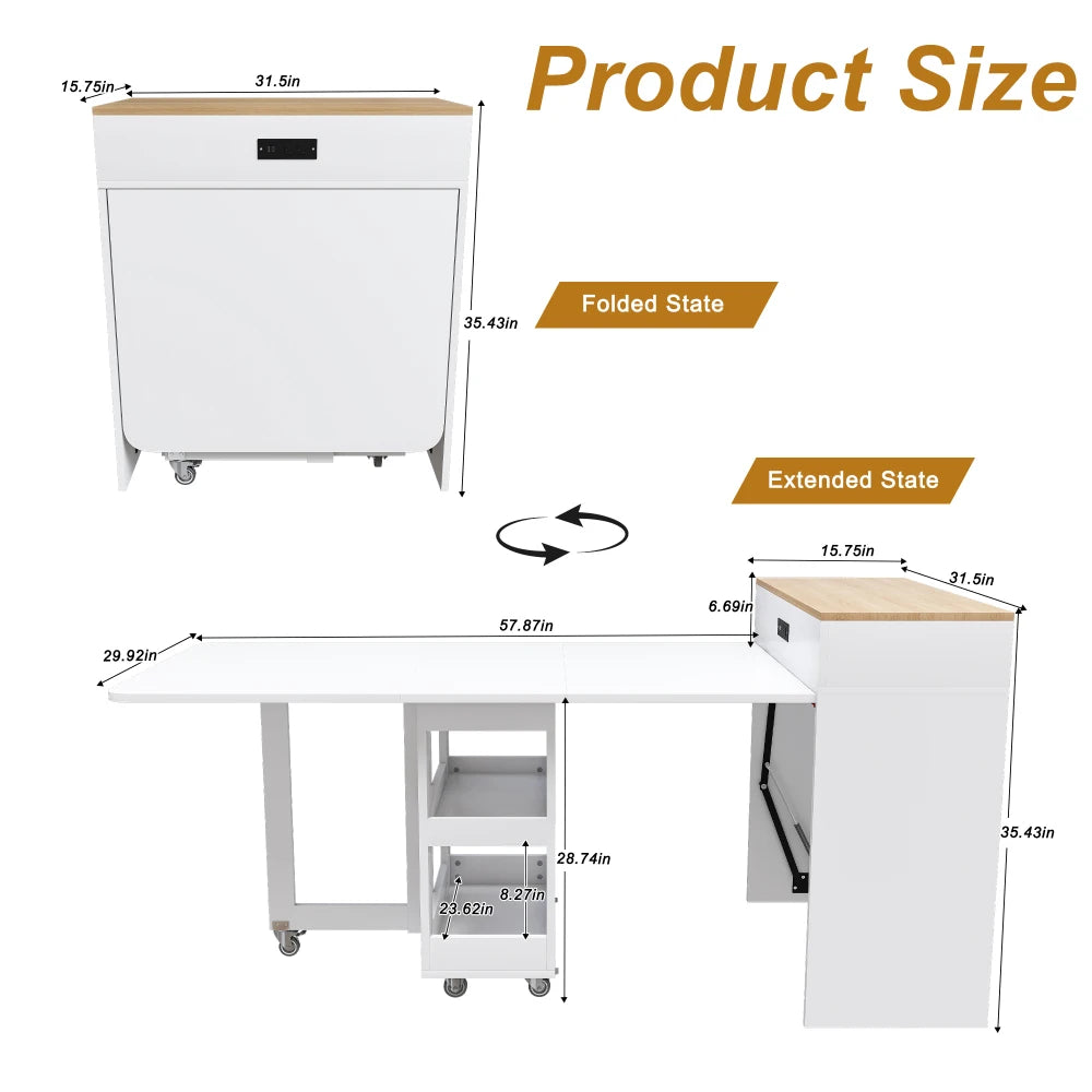 Orraves Extendable Dining Table With Power Socket And Storage Cabinet