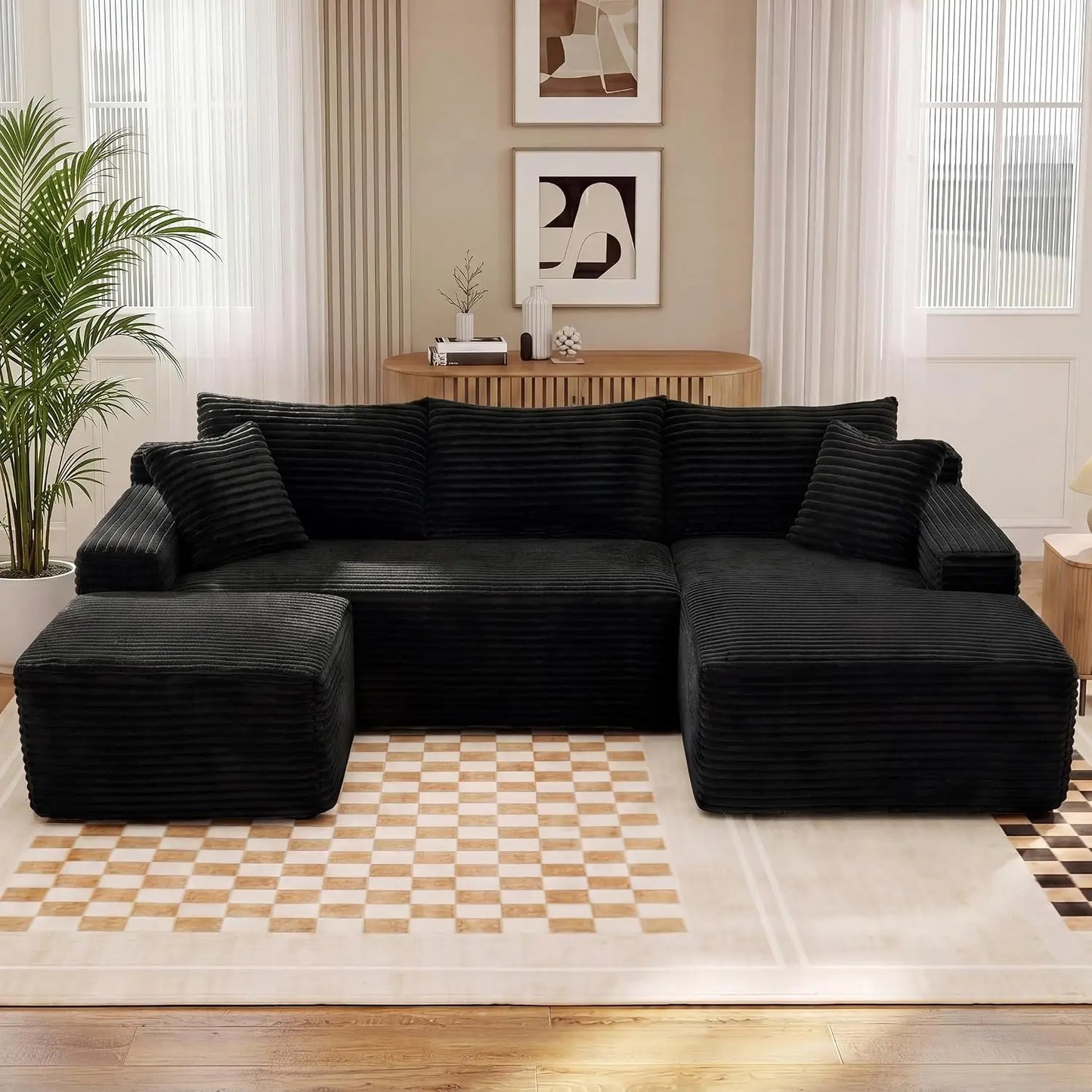 94.5" U-Shaped Sectional Sofa with Deep Seat, No Assembly Modular Cloud Couch in Corduroy Fabric with Ottoman, Space-Saving Sleeper for Living Room Bedroom Apartment, Black