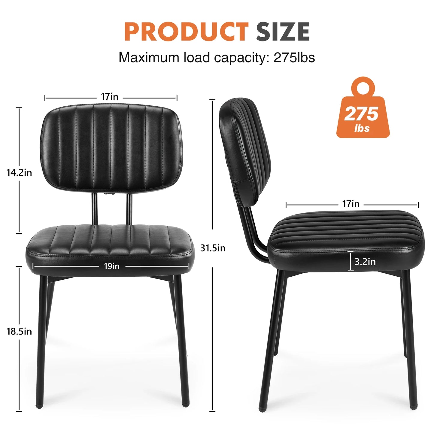 JHK Faux Leather Dining Chairs Pair Lumbar Support Metal Legs