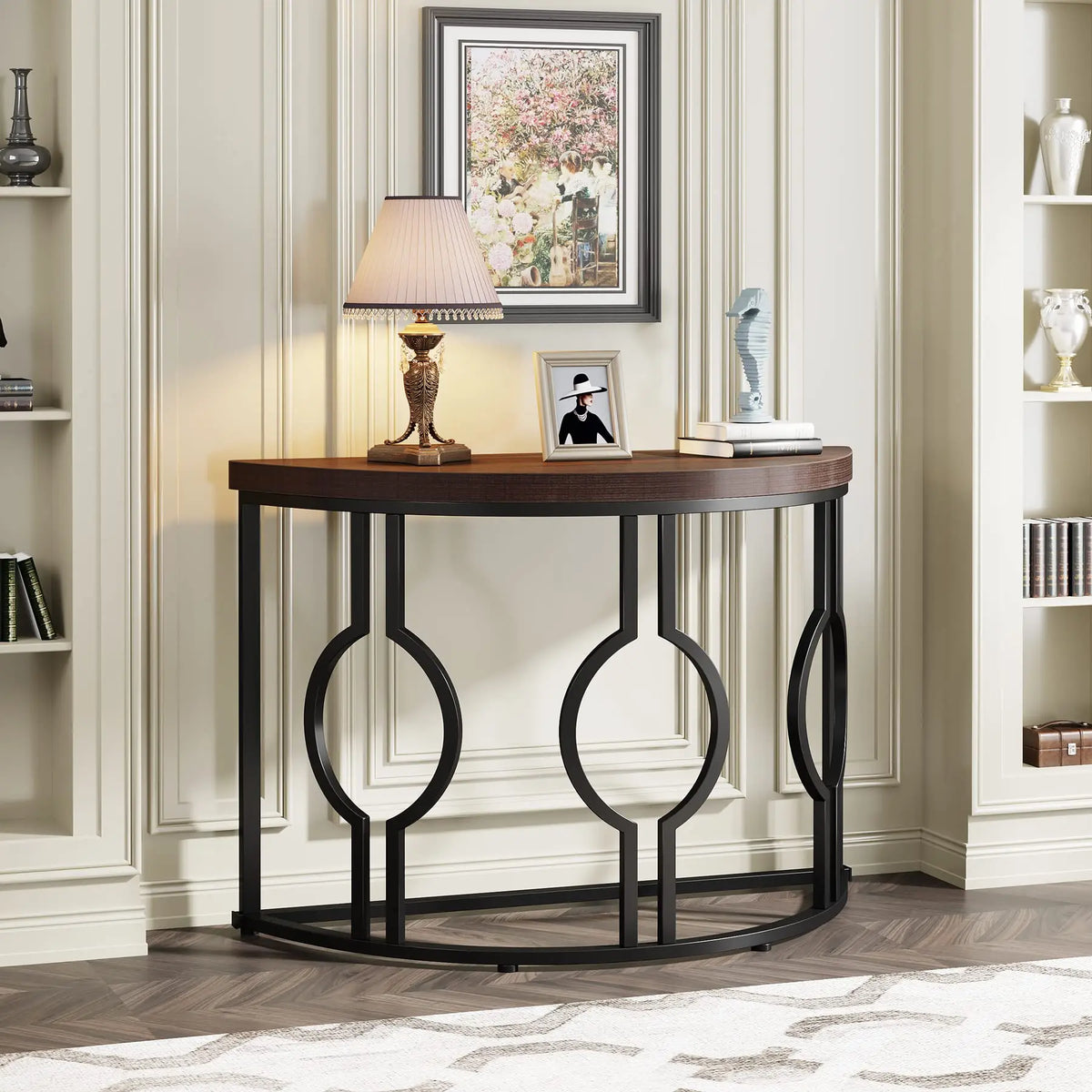 Tribesigns Half Moon Console Table for Entryway, 43 Inch Industrial Semi Circle Sofa Table with Geometric Base, Wood Accent Tabl
