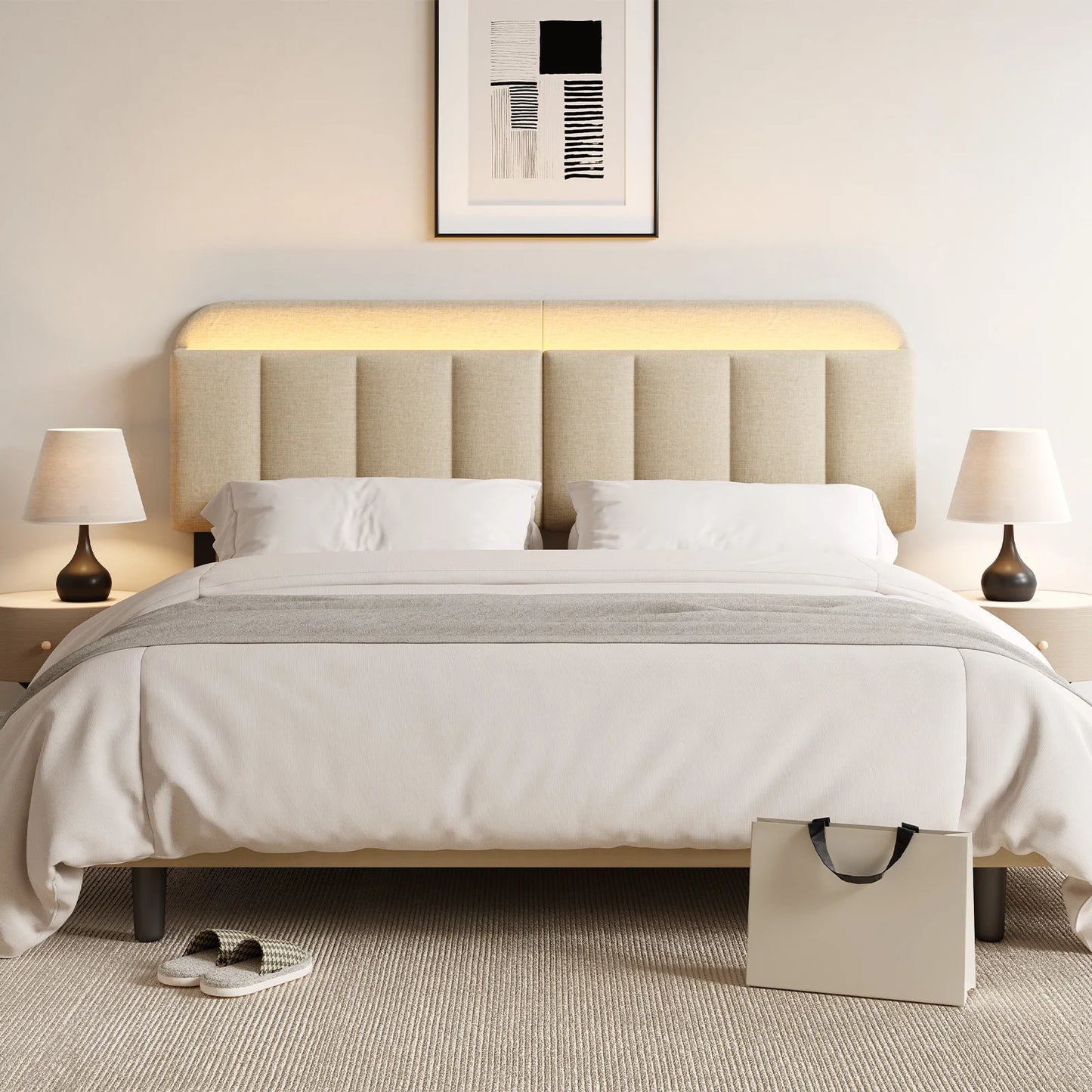 Adjustable Headboard for Full King Size Bed Frame,Linen Fabric Bed Headboard Storage & RGB LED Light in Vertical Channel Design