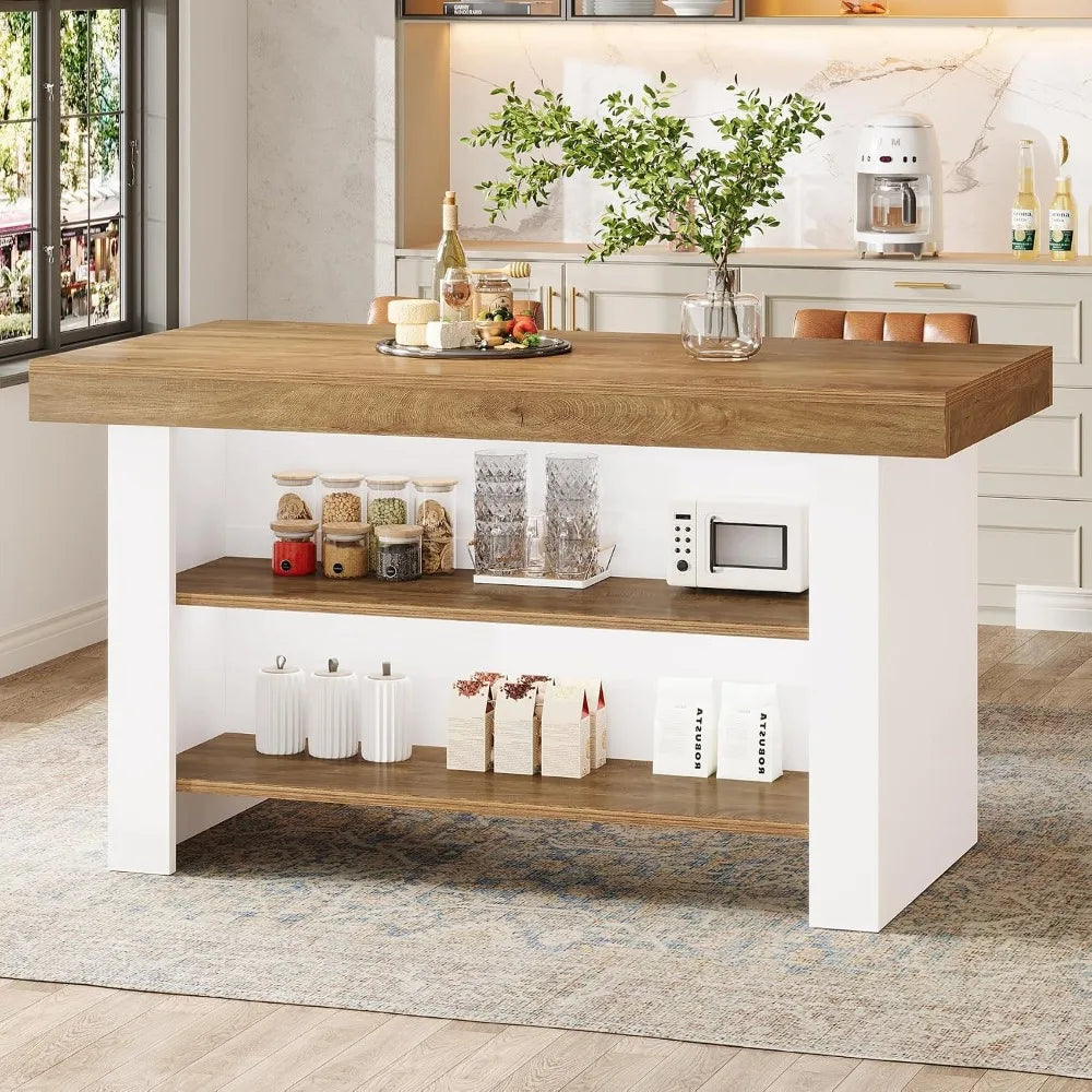 55-Inch Kitchen Island with Storage, Farmhouse Center Island Table for Kitchen, Dining Room, Living Room, Brown, Customized