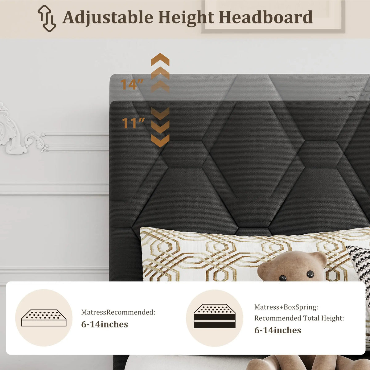 HiMiss Upholstered Platform Bed Frame Adjustable Heavy Duty Headboard