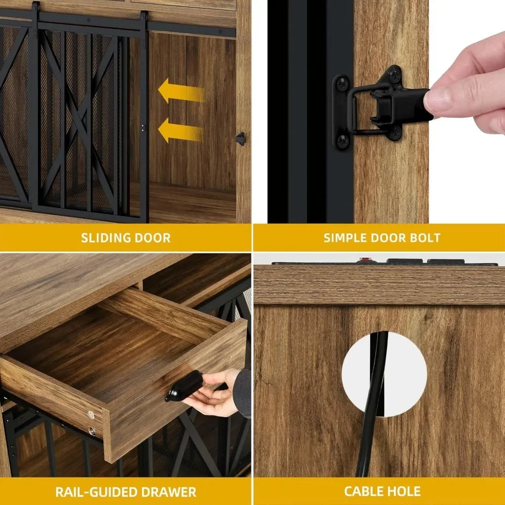 63 Inch Double Dog Crate Furniture with Charging Station, Wooden TV Stand Kennel for 2 Dogs, Sliding Barn Door