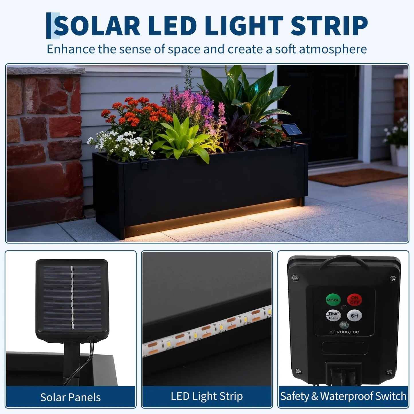 47x16 LED Metal Planter Box With Light Strips & Controller, Raised Garden Bed With Drainage Holes For Patio Yard Decor