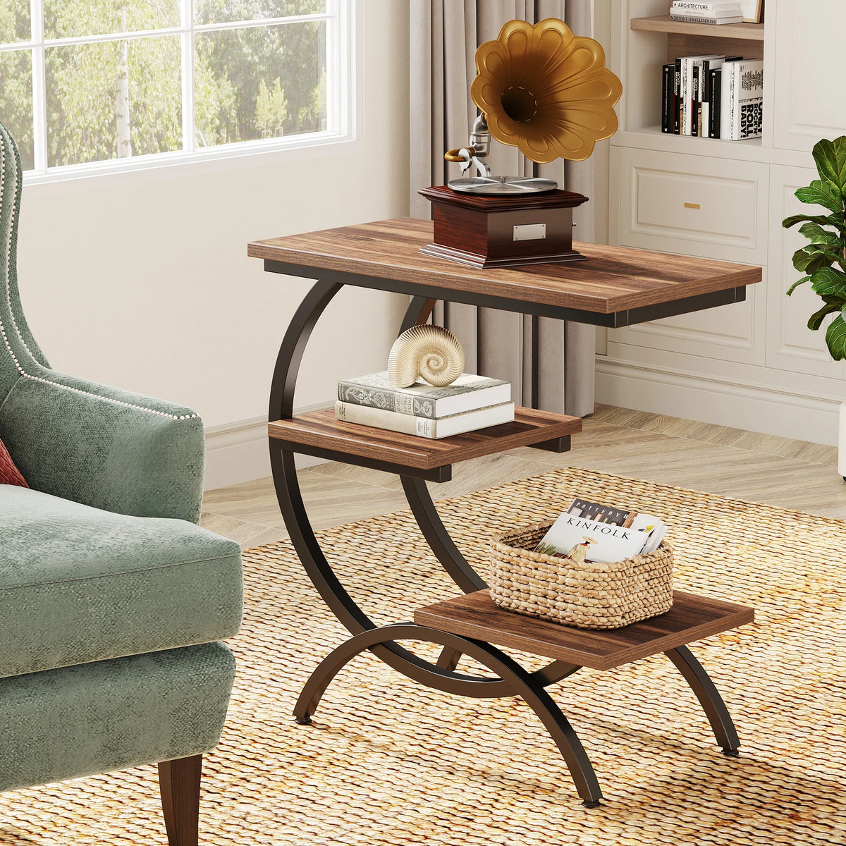 Tribesigns C Shaped End Table 3 Tier Industrial Bedside Storage