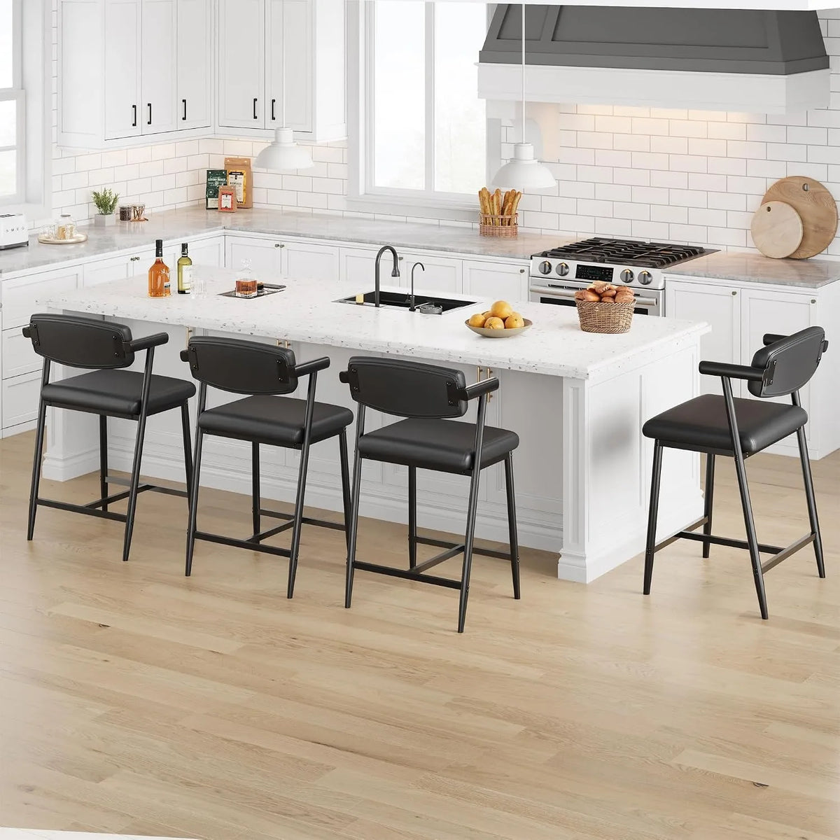 Set Of 4 Upholstered Bar Stools With Arms And Backrests