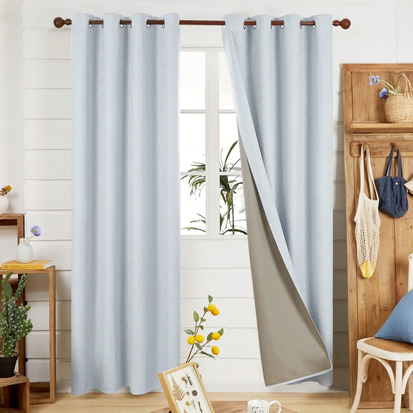 2 Pcs Full Blackout Curtains Faux Linen For Bedroom & Living Room - 100% Light Blocking Thermal Insulated Room Darkening, Noise Reducing, Modern Contemporary Style, 52 Inch Wide