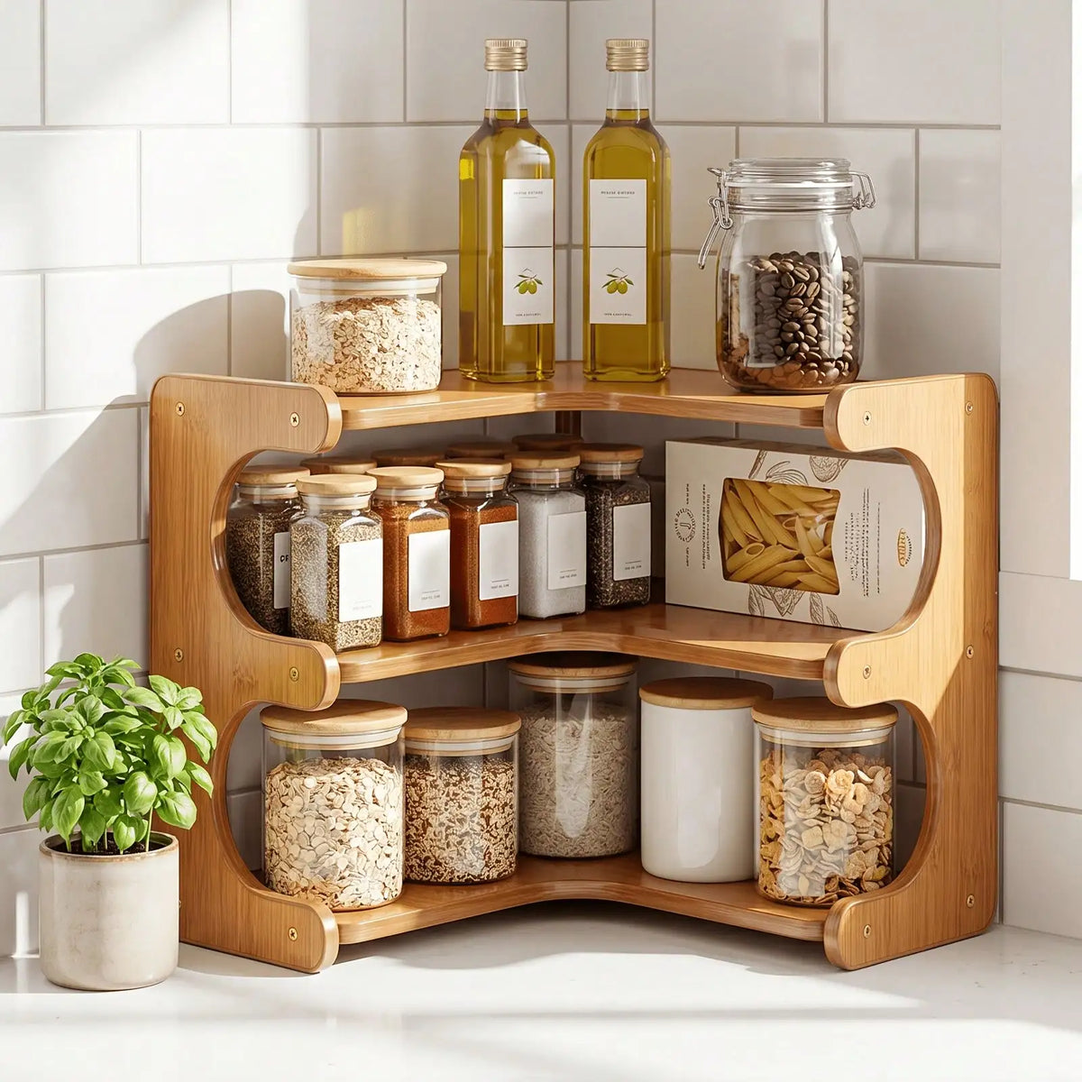 Senmeo 1Pc Freestanding Modern Wood Corner Organizer Shelf, Drill-Free Assembly, Sturdy & Washable Multi-Layer Storage Shelving For Bathroom/Kitchen/Living Room/Study