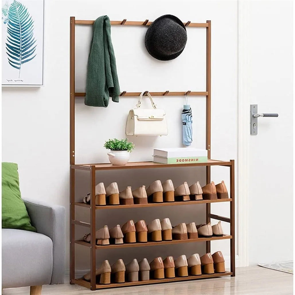 185cm Large Wooden 5 Tiers Hall Tree Hat Coat Stand with 8 Hooks Clothes Shoe Rack Hanger Hooks Shelf Storage  ﻿