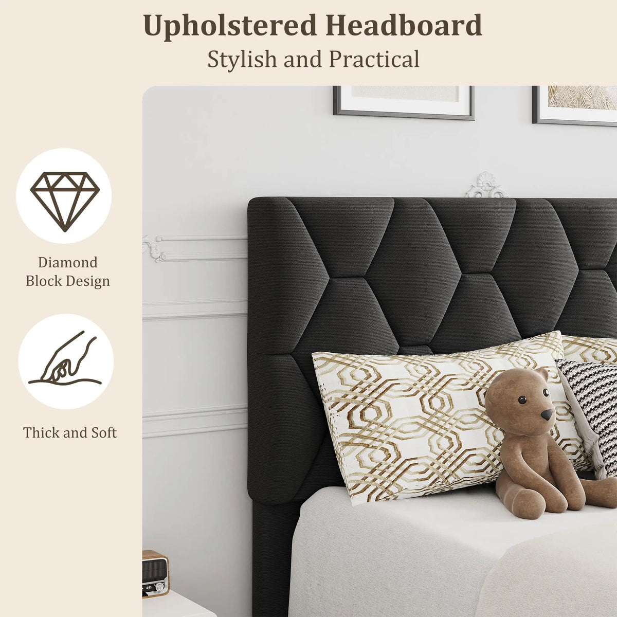 HiMiss Upholstered Platform Bed Frame Adjustable Heavy Duty Headboard