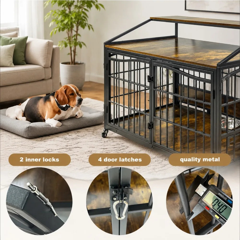 Wooden Dog Crate Furniture End Table With Stainless Steel Bowls