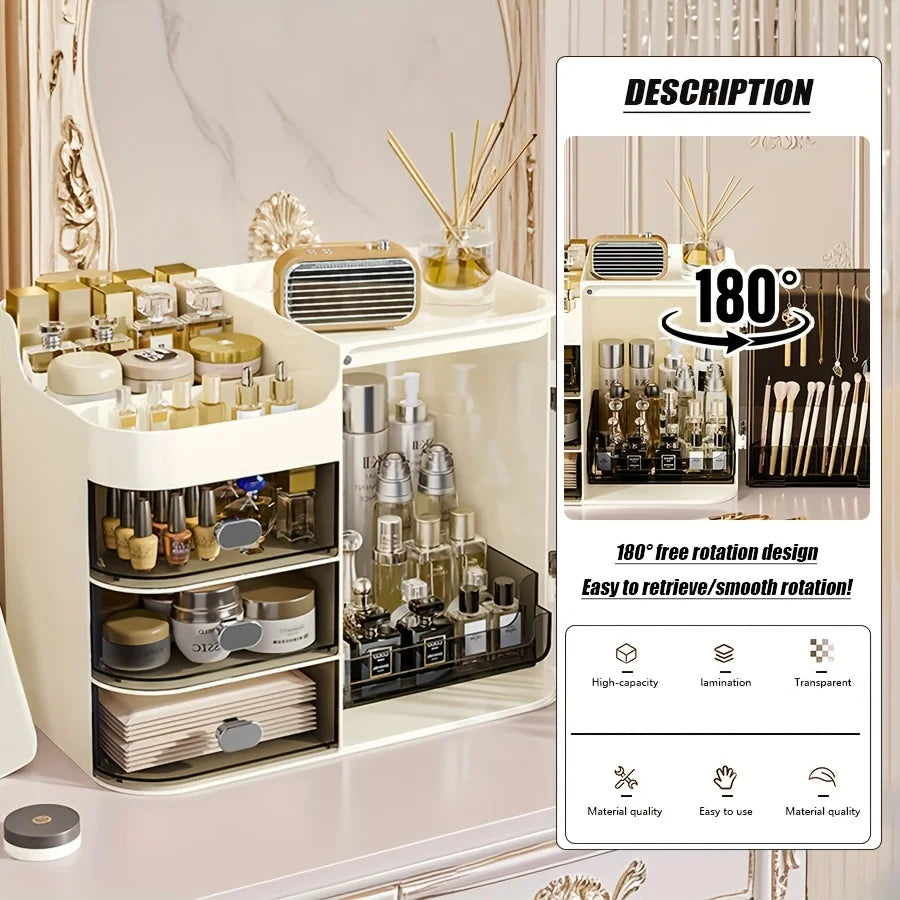 Beige Cosmetic Storage Box with 3 Drawers and Mirror High Capacity Makeup Organizer for Home and Bathroom