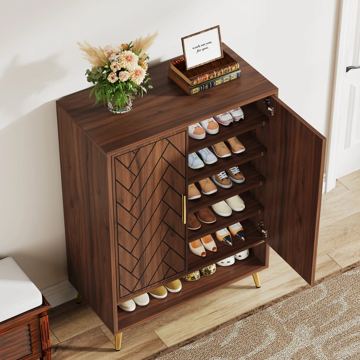 Tribesigns Wooden Shoe Cabinet With Doors Storage Furniture Antique Rack