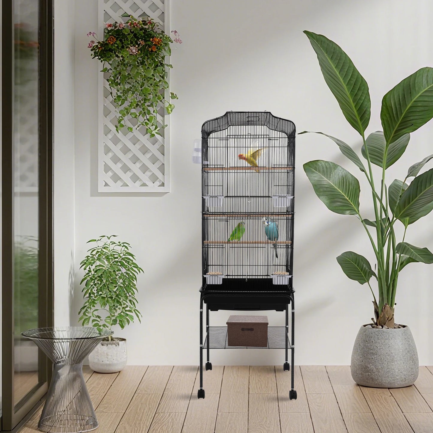 Large Bird Cage with Stand & Wheels, 47x37x137cm Flight Cage for Cockatiels Parrots Finches with Lockable Door (White/Black))