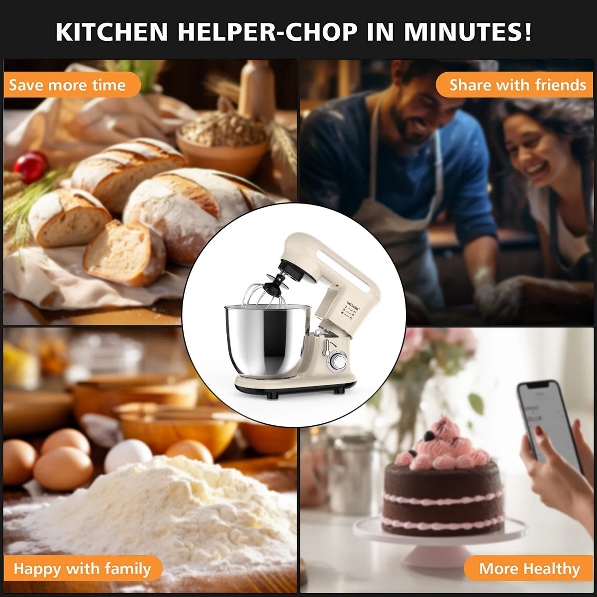 Cheftronic Tilt Head Stand Mixer With Stainless Steel Bowl