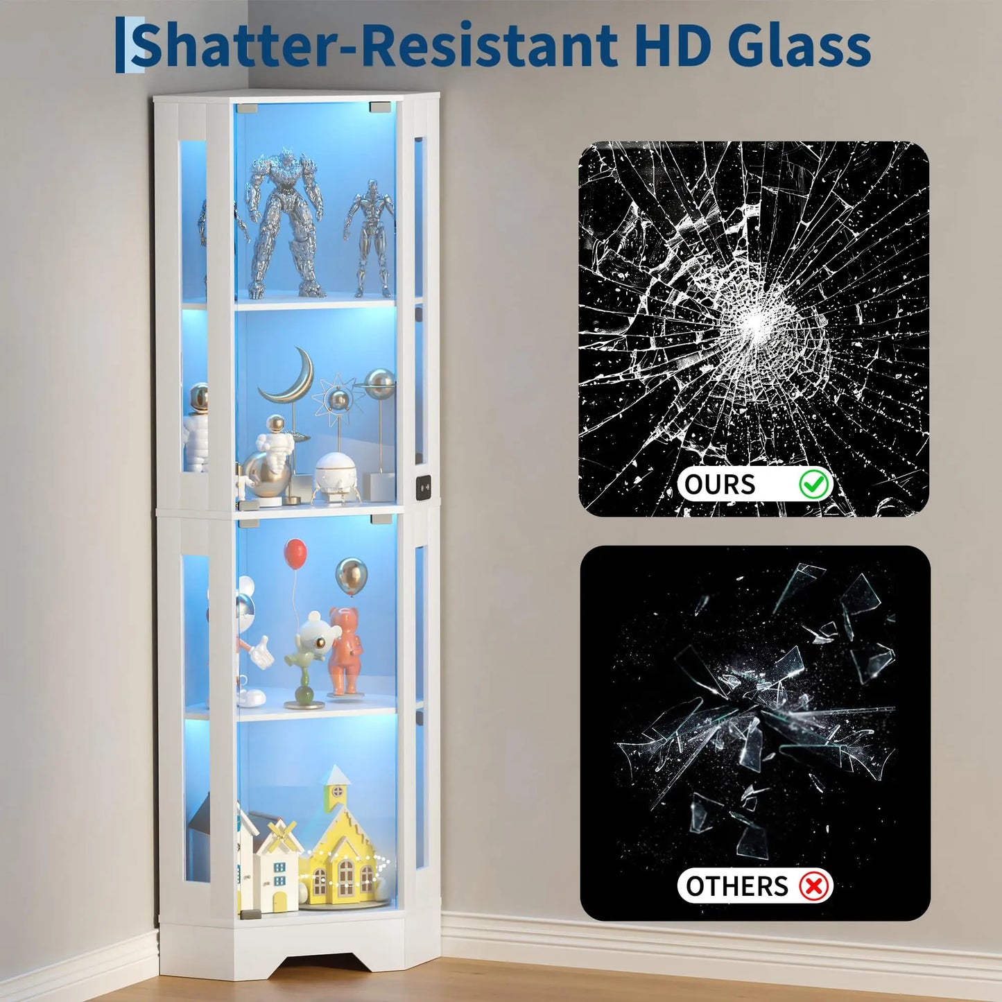 Modern Glass Display Cabinet for Dining Room, Corner Curio Showcase with 4 Tiers, Glass Doors, Lighted Shelves,Elegant Display for Collectibles, Figures, Toys, and Books