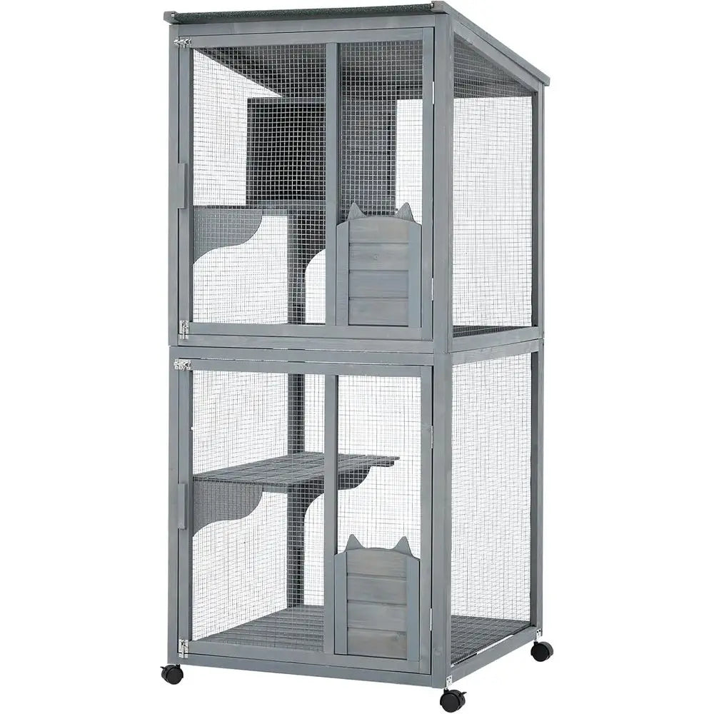 69 Large Waterproof Outdoor Indoor Catio Enclosure with Lockable Wheels, Resting Cabin, Platforms for Multi-Cat Families