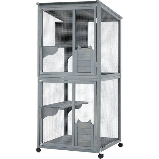 69 Large Waterproof Outdoor Indoor Catio Enclosure with Lockable Wheels, Resting Cabin, Platforms for Multi-Cat Families