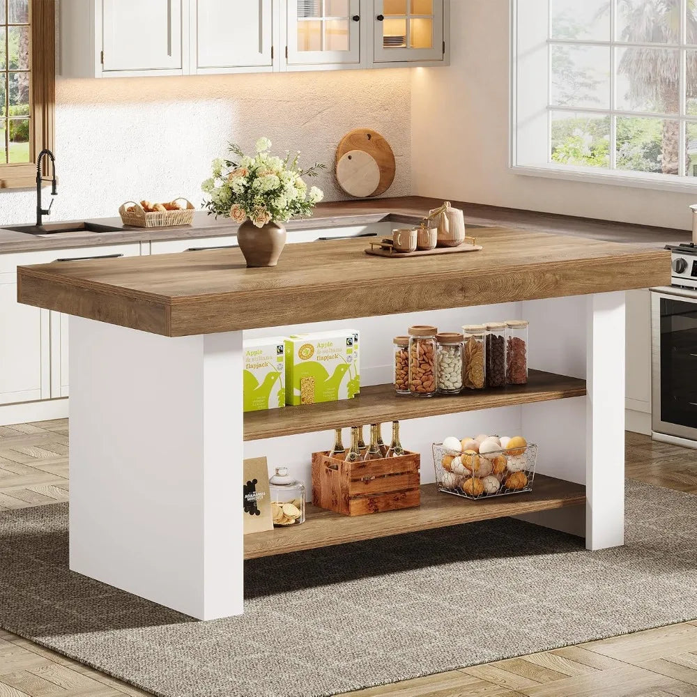 55-Inch Kitchen Island with Storage, Farmhouse Center Island Table for Kitchen, Dining Room, Living Room, Brown, Customized