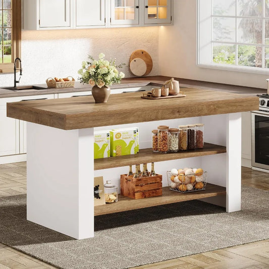 55-Inch Kitchen Island with Storage, Farmhouse Center Island Table for Kitchen, Dining Room, Living Room, Brown, Customized