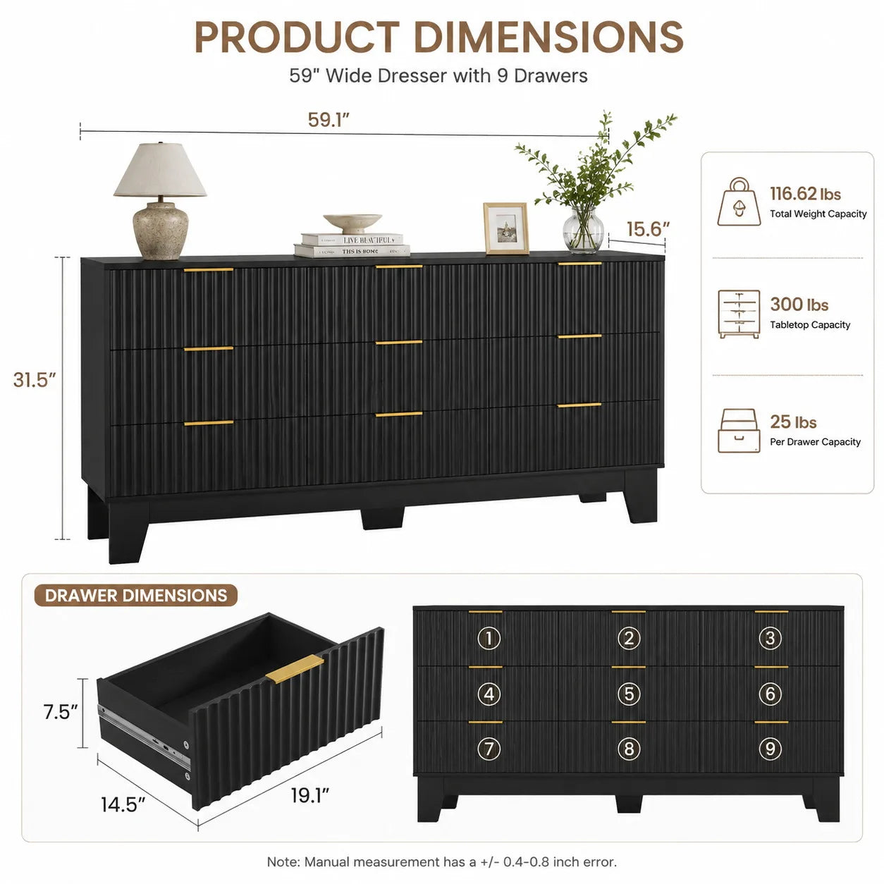 59 Inch Wide Fluted 9 Drawer Dresser Modern Wood Chest of Drawers with Metal Handles TV Stand Storage Cabinet Organizer for Bedroom Living Room Hallway Entryway