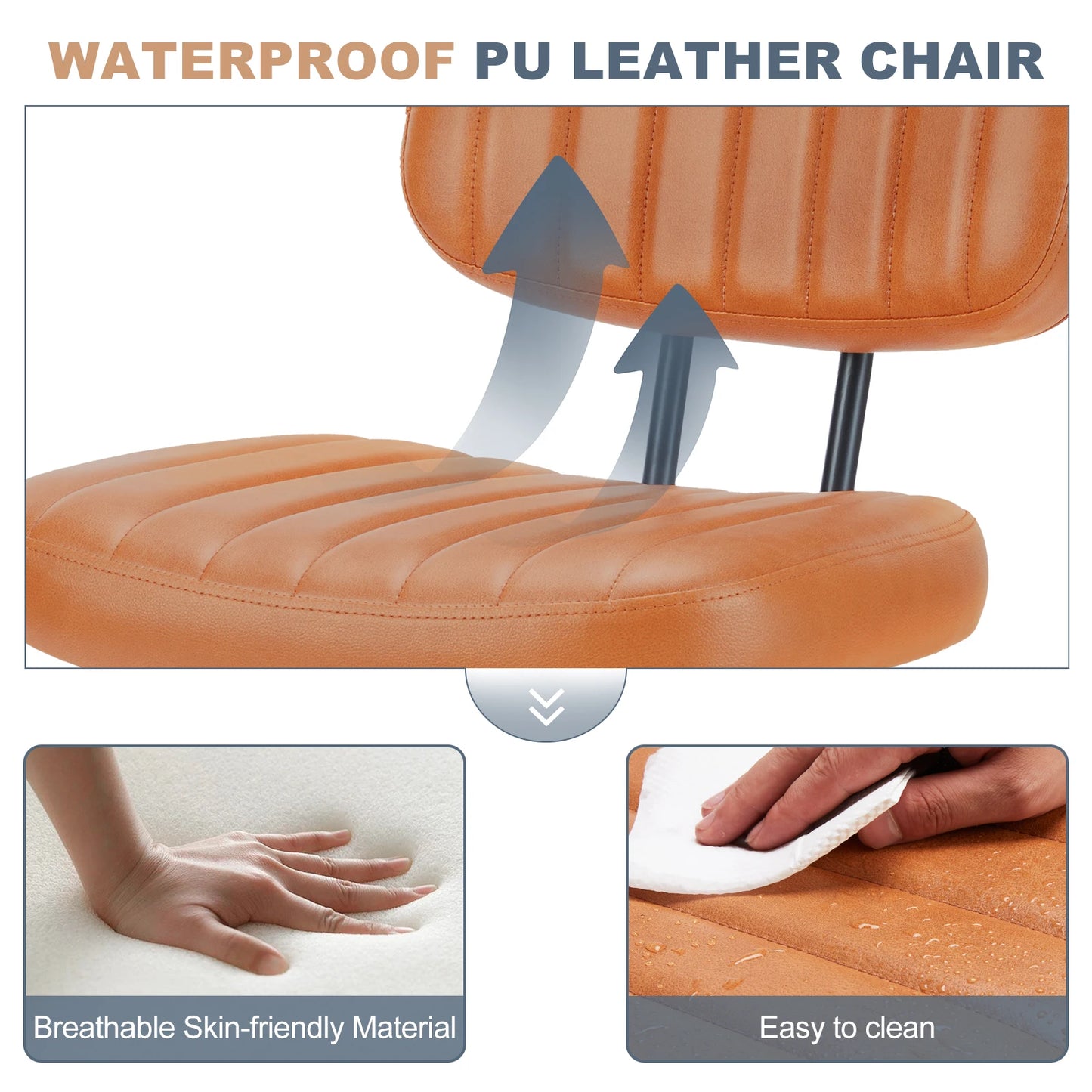JHK Armless Office Desk Chair Back Lumbar Support Height Adjustable PU Leather Computer Chair with 360° Swivel Rolling Wheels