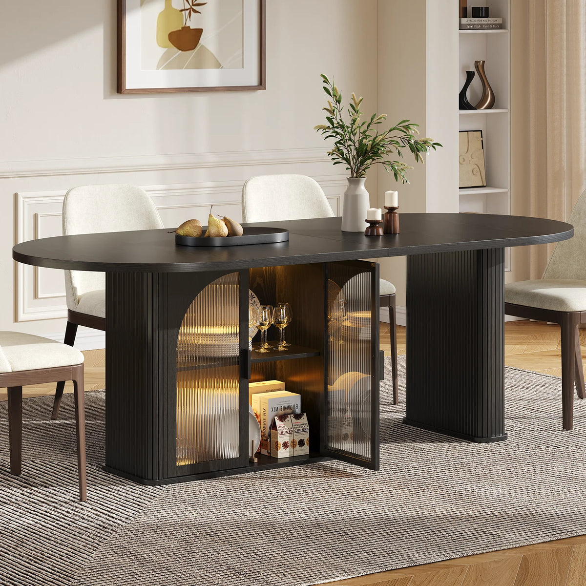ONBRILL Modern Oval Dining Table with Storage and LED Lighting