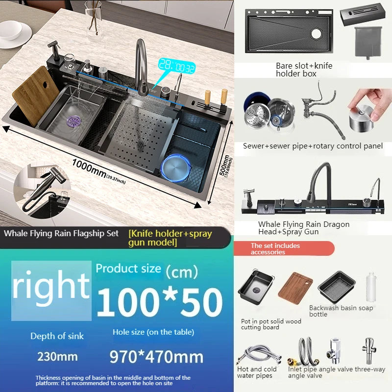Various Waterfall Kitchen Sink Stainless Steel Multifunctional Large Single Slot Digital Display Sinks