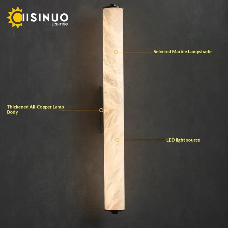 Spanish Natural Marble Wall Light for Bathroom Cylindrical Wall Lamp Stone Up and Down Sconce Indoor Parlor Bedroom Stairs Decor