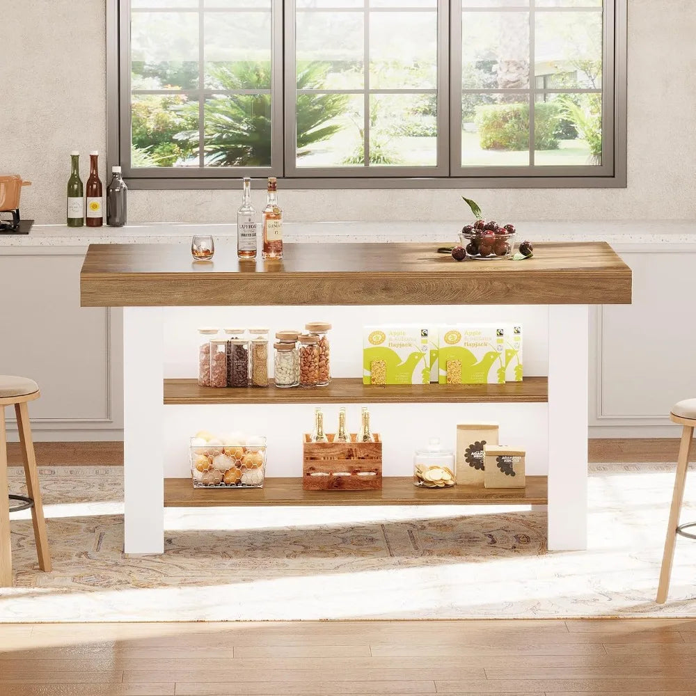 55-Inch Kitchen Island with Storage, Farmhouse Center Island Table for Kitchen, Dining Room, Living Room, Brown, Customized