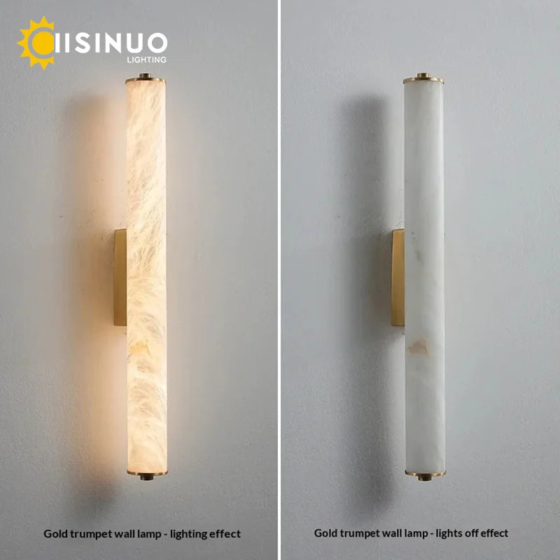 Spanish Natural Marble Wall Light for Bathroom Cylindrical Wall Lamp Stone Up and Down Sconce Indoor Parlor Bedroom Stairs Decor