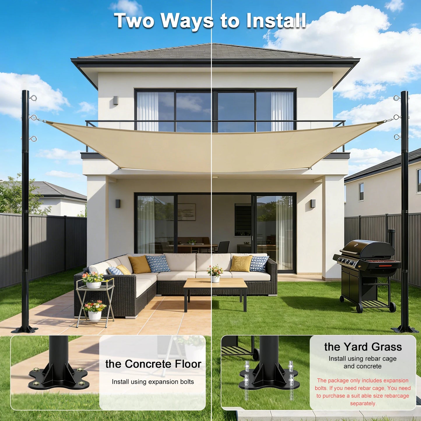 2 Pack 12ft Heavy Duty Metal Shade Sail Poles ，(Shade Sail not include）Rust-Resistant Adjustable Outdoor Support Post Kit for Patios Courtyards Backyards Gardens