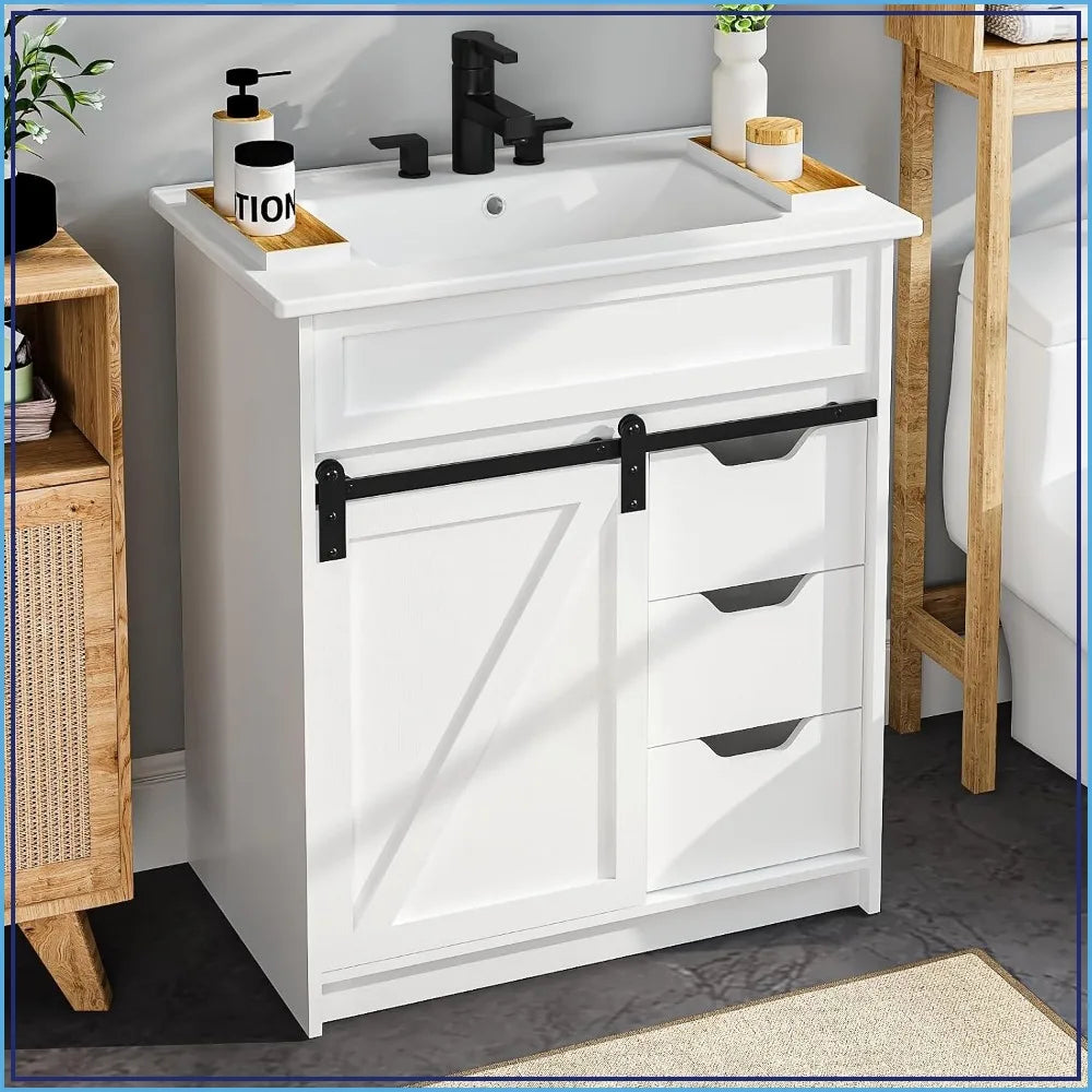 Farmhouse Bathroom Vanity Cabinet With Sink And Sliding Barn Door