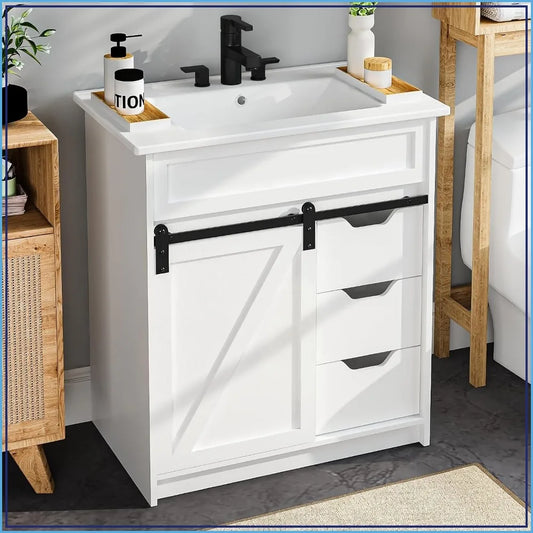 Farmhouse Bathroom Vanity Cabinet With Sink And Sliding Barn Door