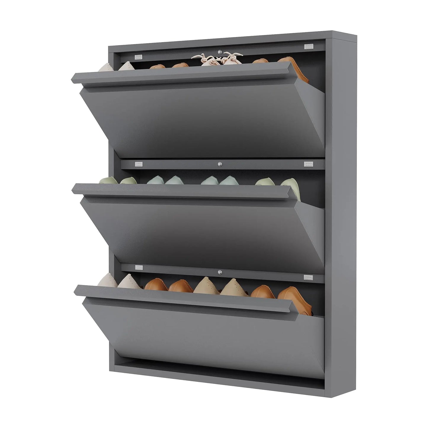 Slim Metal Shoe Cabinet, 3 Flip Drawers, Narrow Entryway Shoe Storage, Wall Mounted Or Freestanding, Anti-Tip, 31.5x6x40.7in
